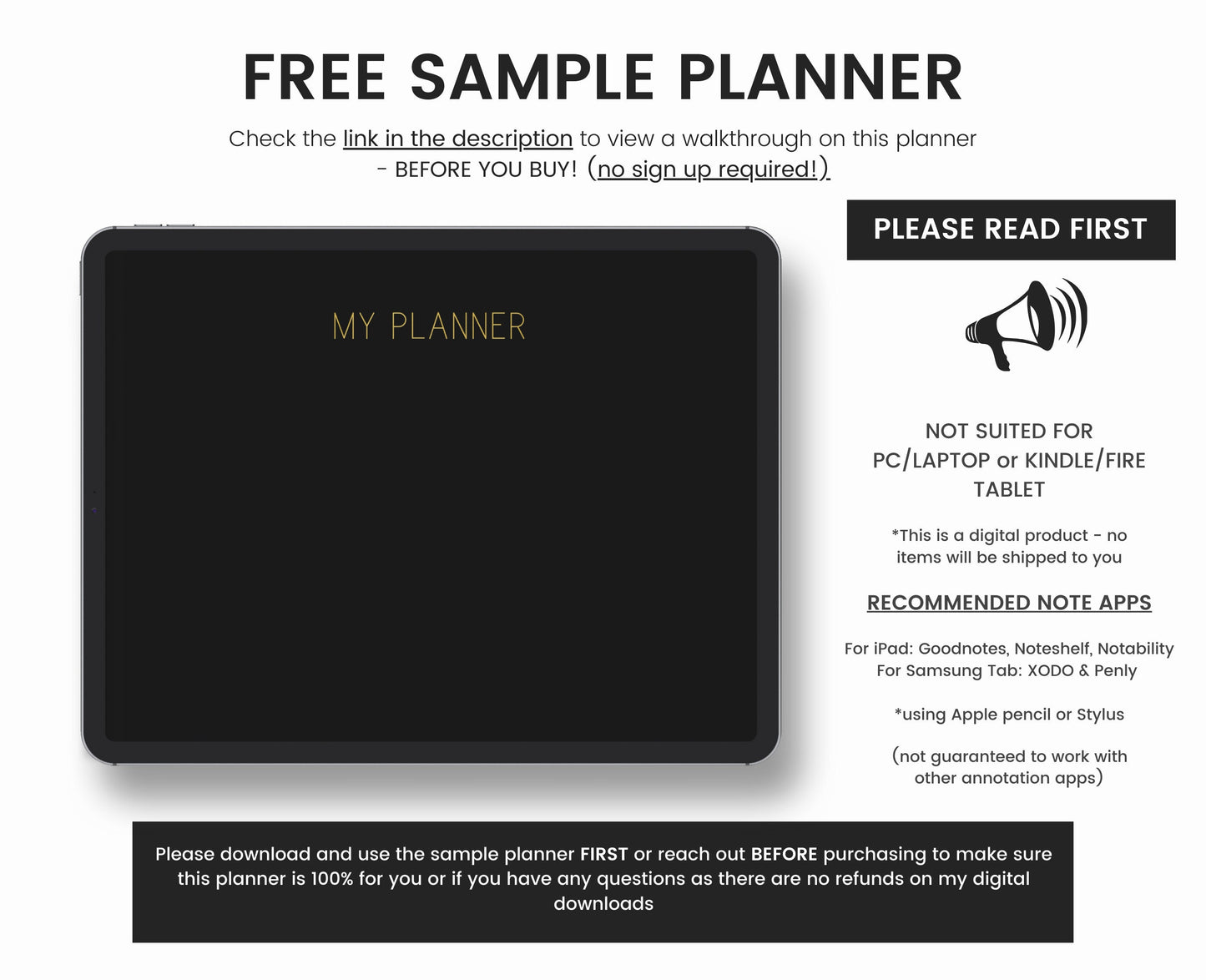 Undated Dark Mode Digital Planner