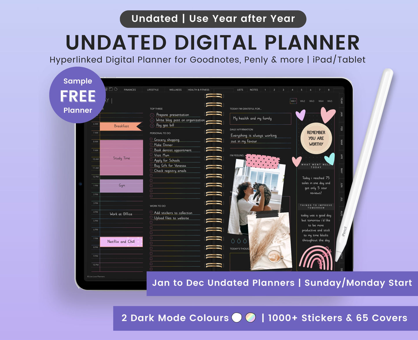 Undated Dark Mode Digital Planner
