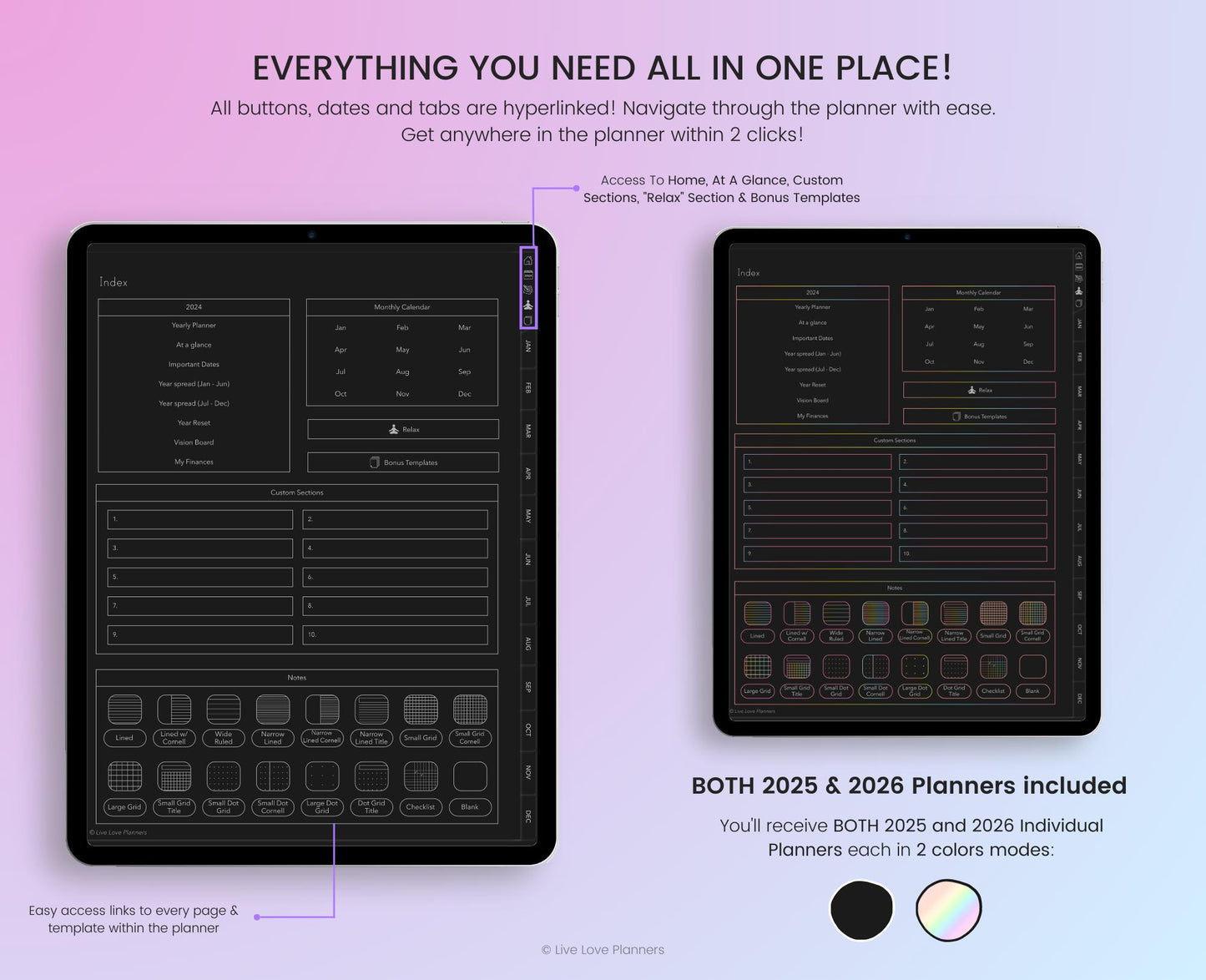 ADHD 2025 and 2026 Digital Planners (Dark Mode)