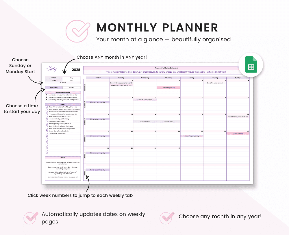 Monthly & Weekly Planner for Google Sheets