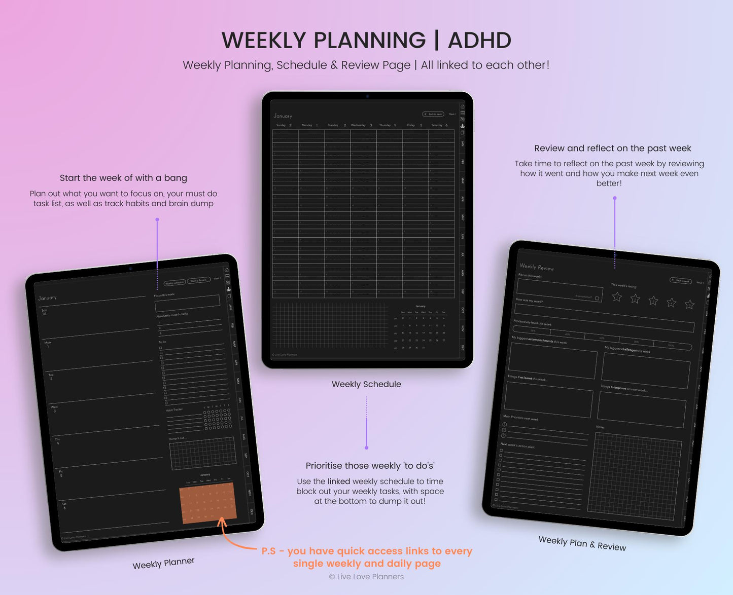 ADHD 2025 and 2026 Digital Planners (Dark Mode)