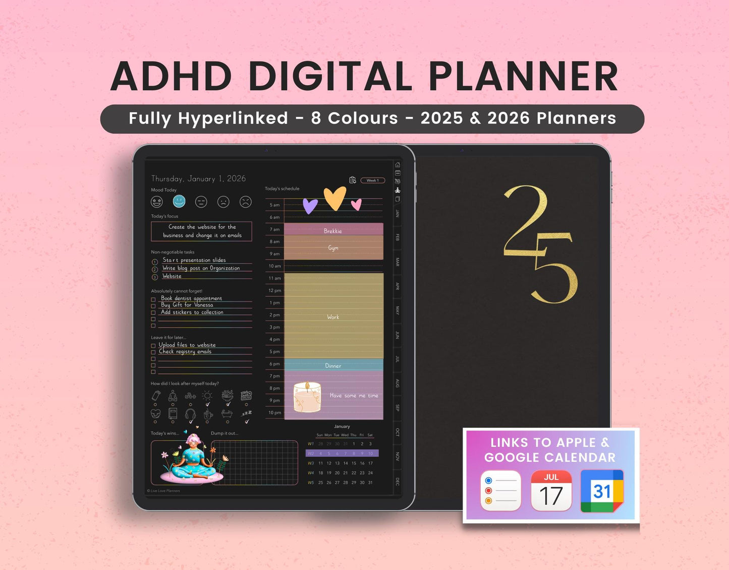 ADHD 2025 and 2026 Digital Planners (Dark Mode)
