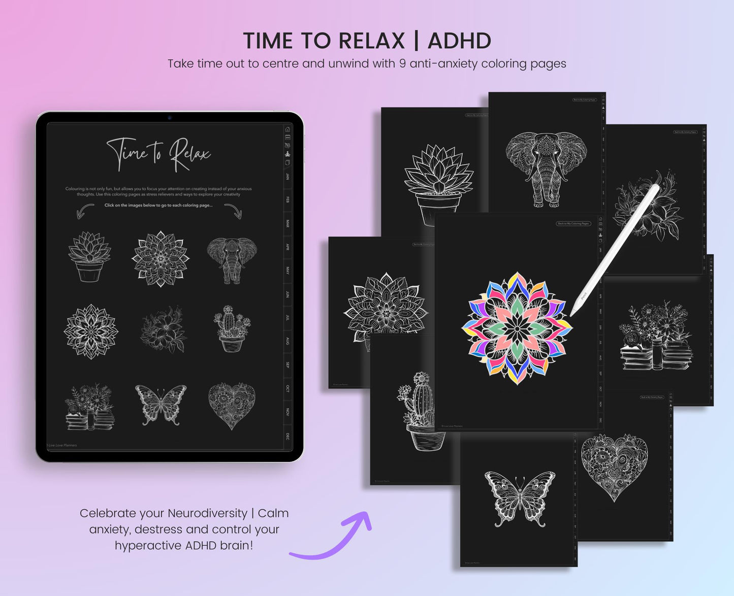 ADHD 2025 and 2026 Digital Planners (Dark Mode)