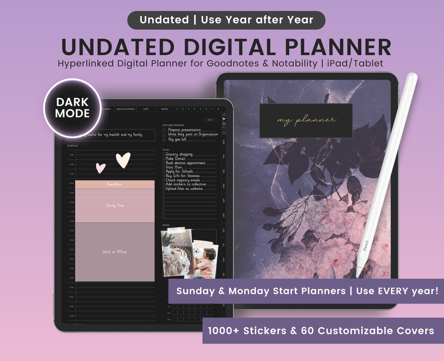 Undated Dark Mode Digital Planner