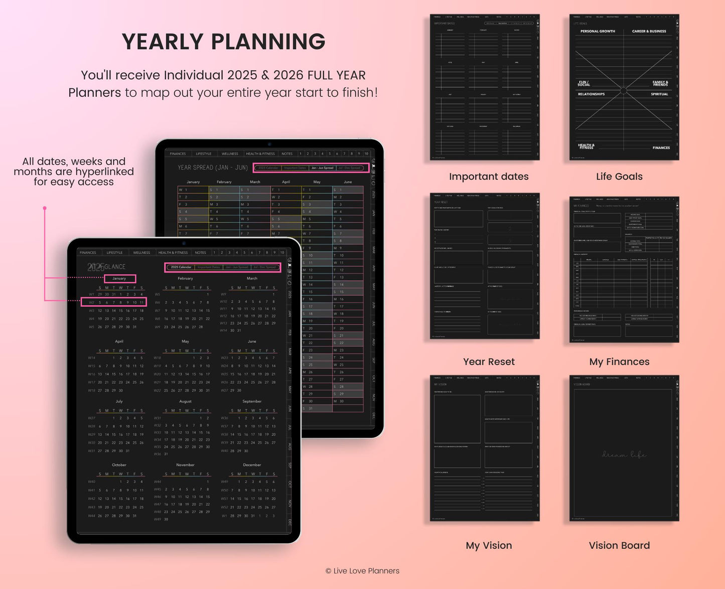 2025 Dark Mode Digital Planners