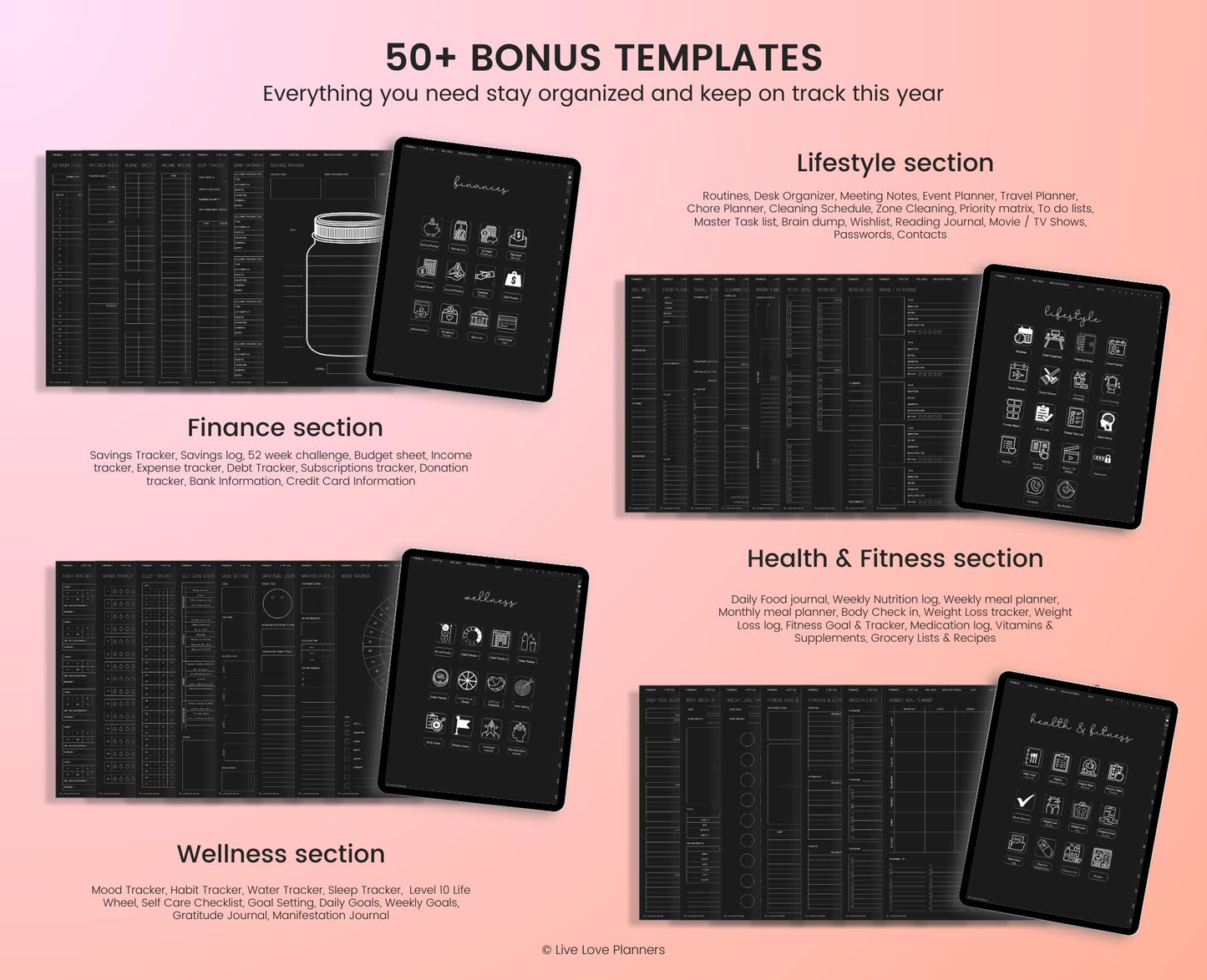 2025 Dark Mode Digital Planners
