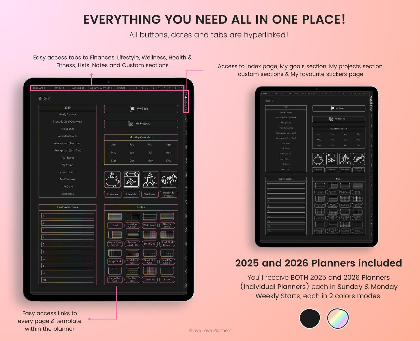 2025 Dark Mode Digital Planners