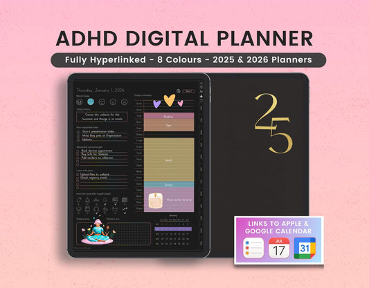 ADHD 2025 and 2026 Digital Planners (Dark Mode)